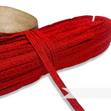 Petershams Millinery Supplies 10mm red sparkly lurex threaded hat braid with a zig-zag texture for millinery projects.
