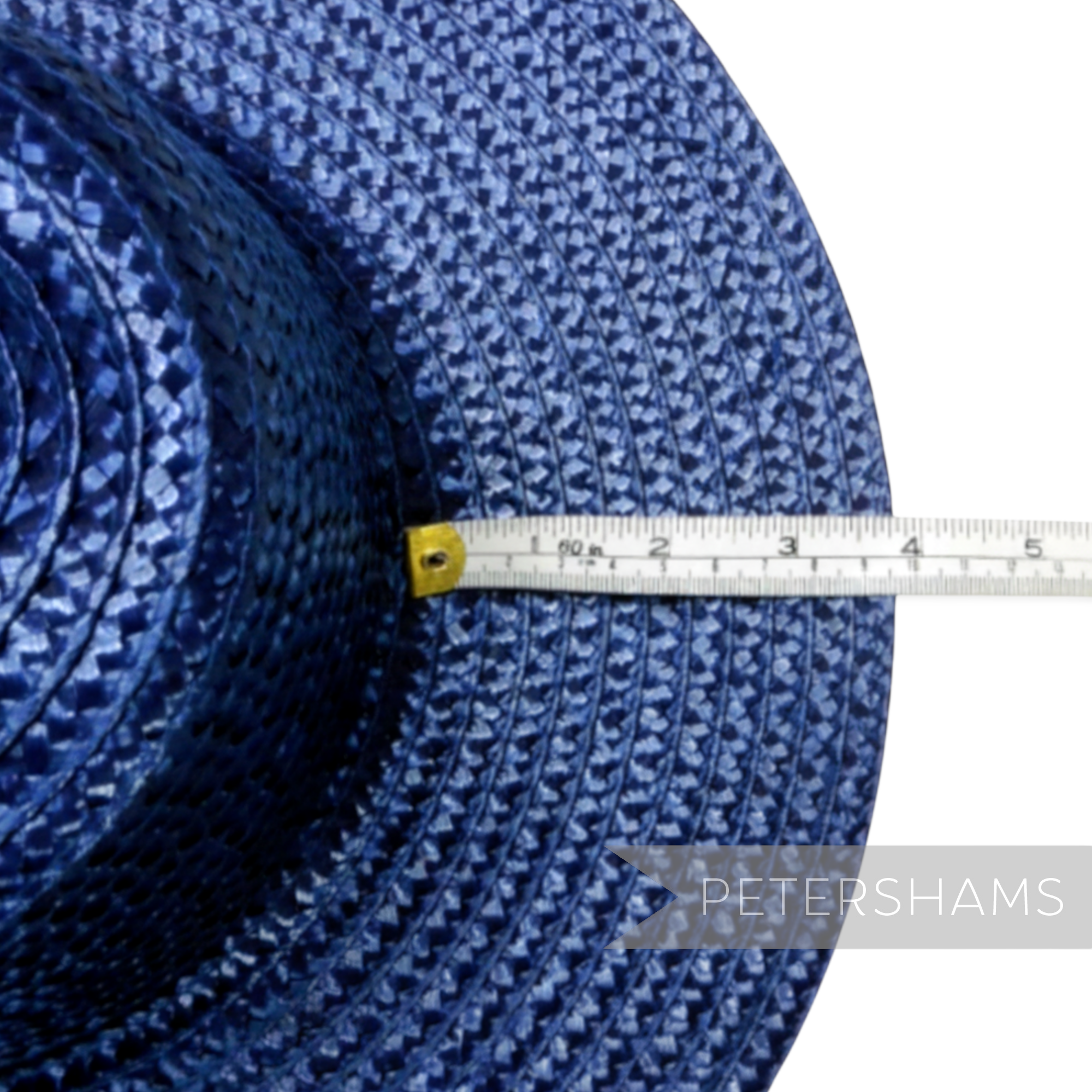 Petershams Millinery Supplies shiny blue flat polybraid capeline hat body with measuring tape showing brim width