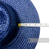 Petershams Millinery Supplies shiny blue flat polybraid capeline hat body with measuring tape showing brim width