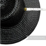 Petershams Millinery Supplies black shiny flat polybraid capeline hat body with measuring tape showing brim width