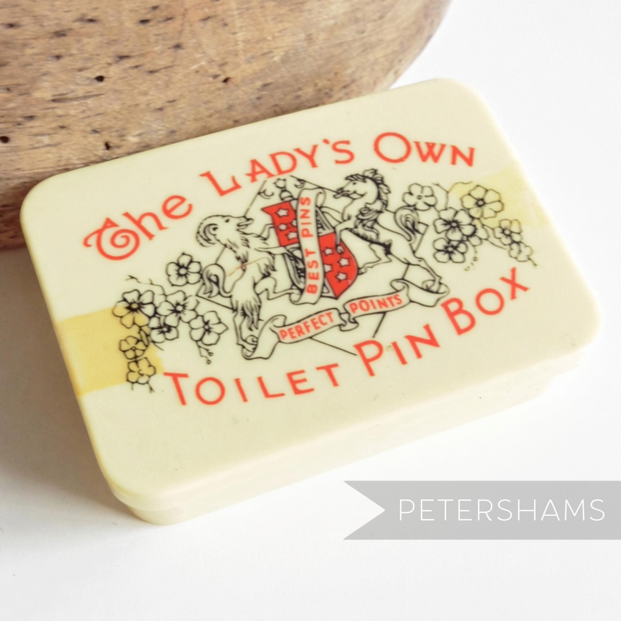 Petershams Millinery Supplies vintage 1960s Lady's Own toilet pin box with cream plastic container and red lettering