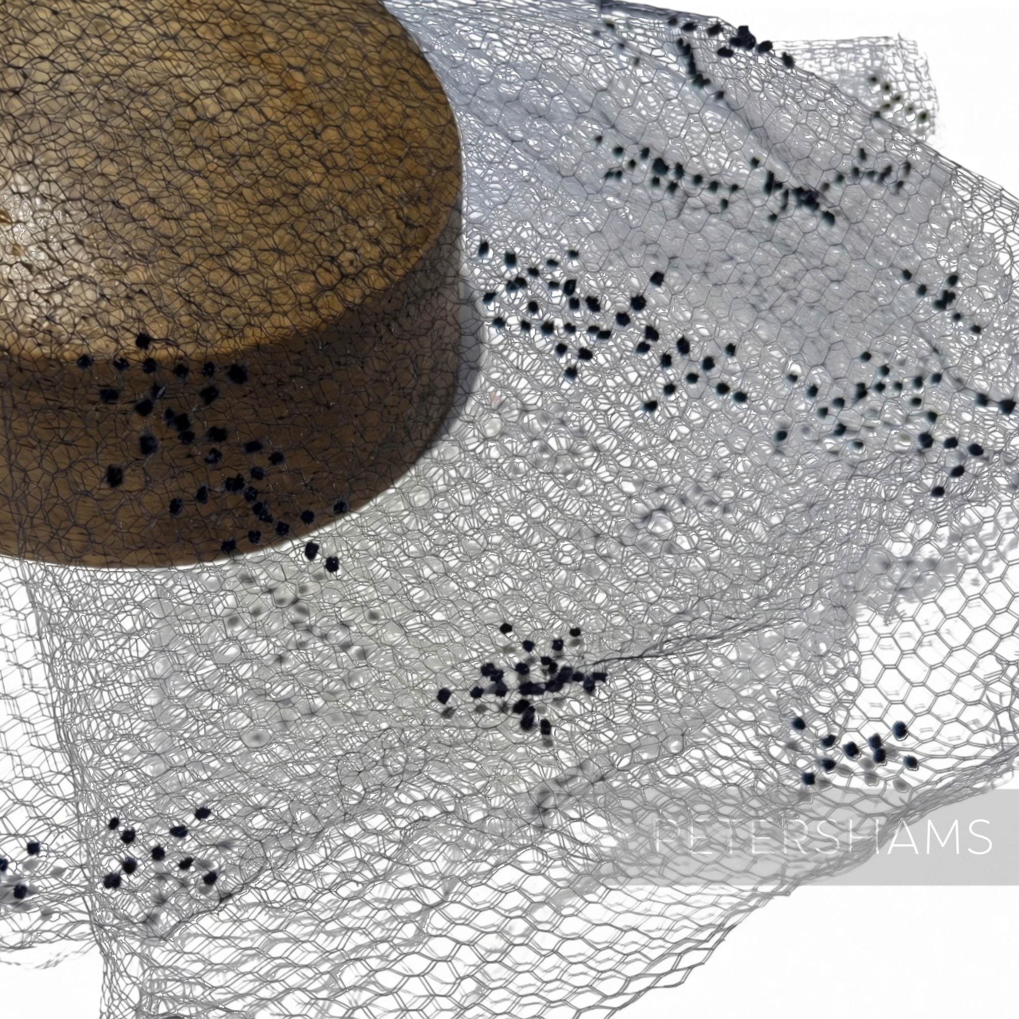 Petershams Millinery Supplies vintage black honeycomb veiling round with X-shaped dotted accents for hat making