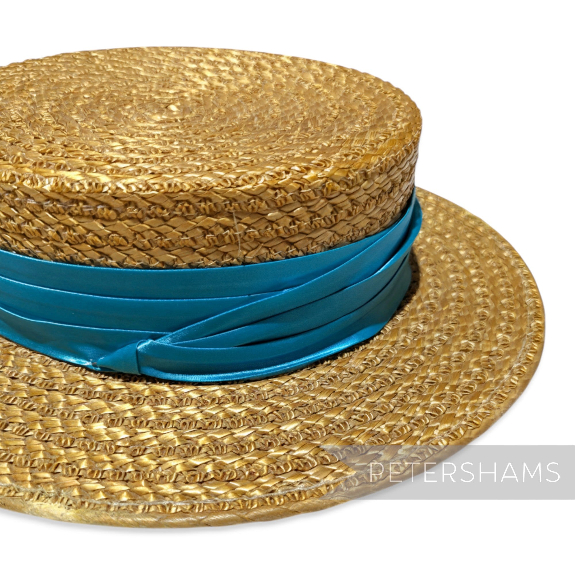 Petershams Millinery Supplies turquoise pleated satin puggaree hat band wrapped around a natural straw boater hat