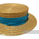 Petershams Millinery Supplies turquoise pleated satin puggaree hat band wrapped around a natural straw boater hat