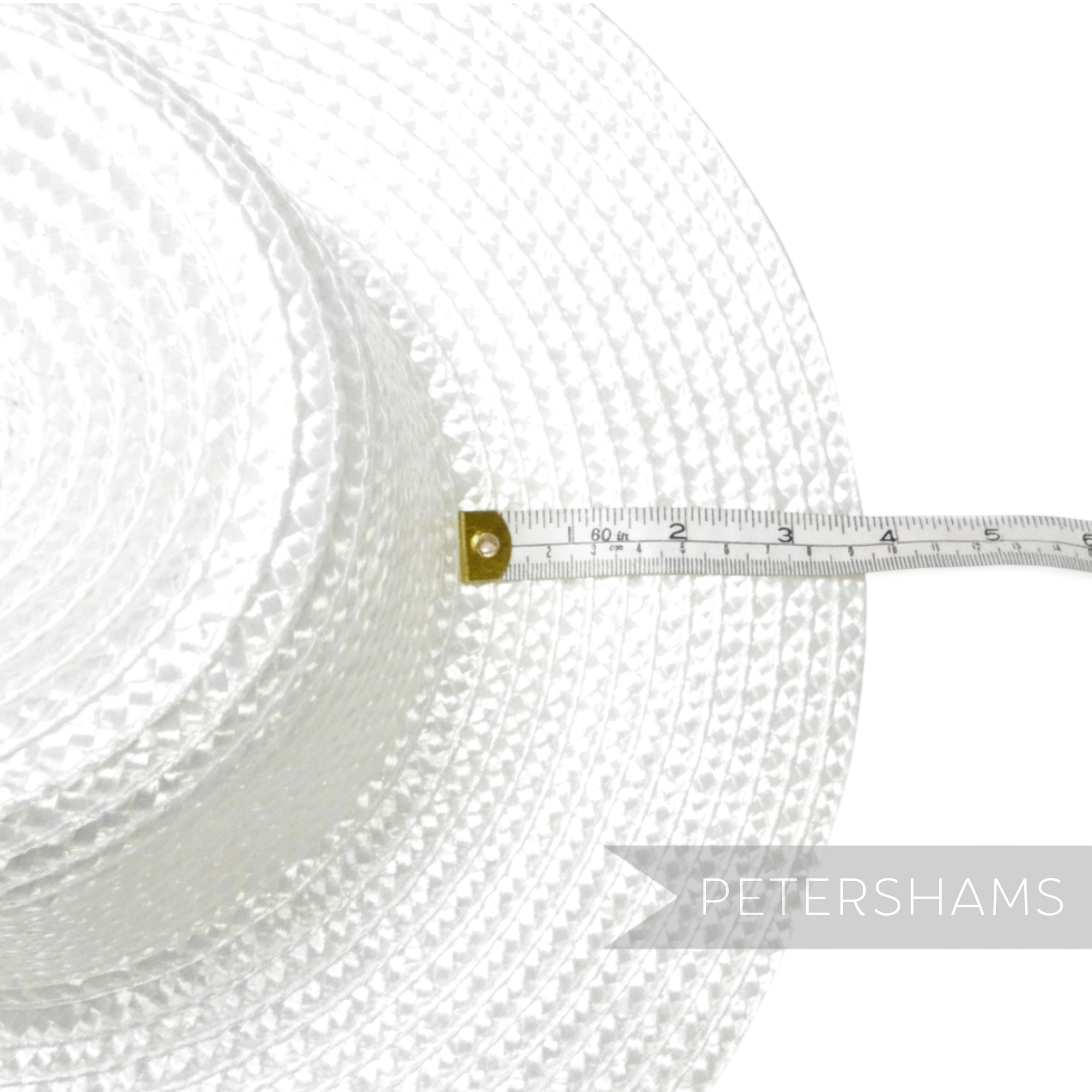 Petershams Millinery Supplies white shiny flat polybraid capeline hat body with measuring tape showing brim width
