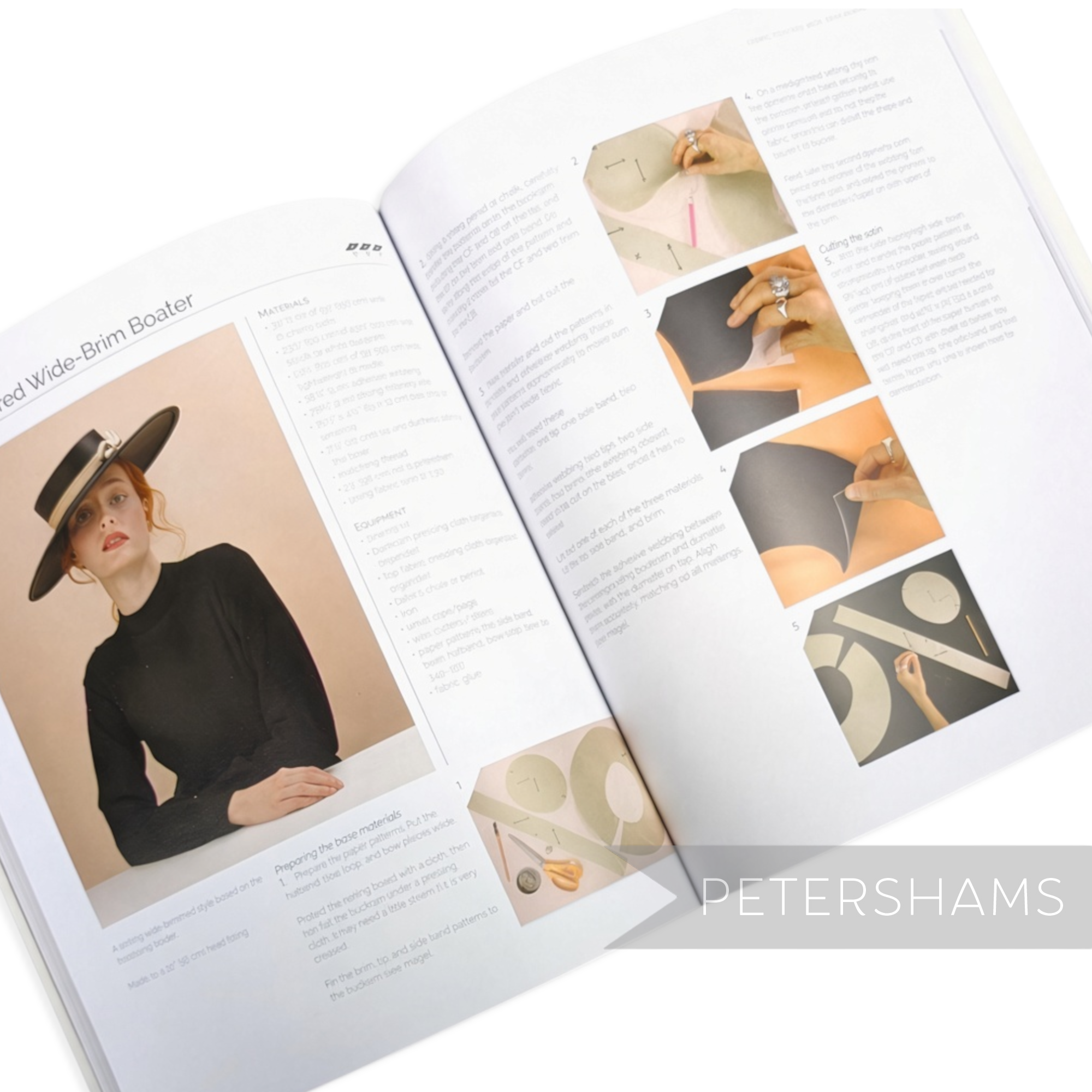 Petershams Millinery Supplies Contemporary Millinery book open to a page showing hat making instructions and diagrams