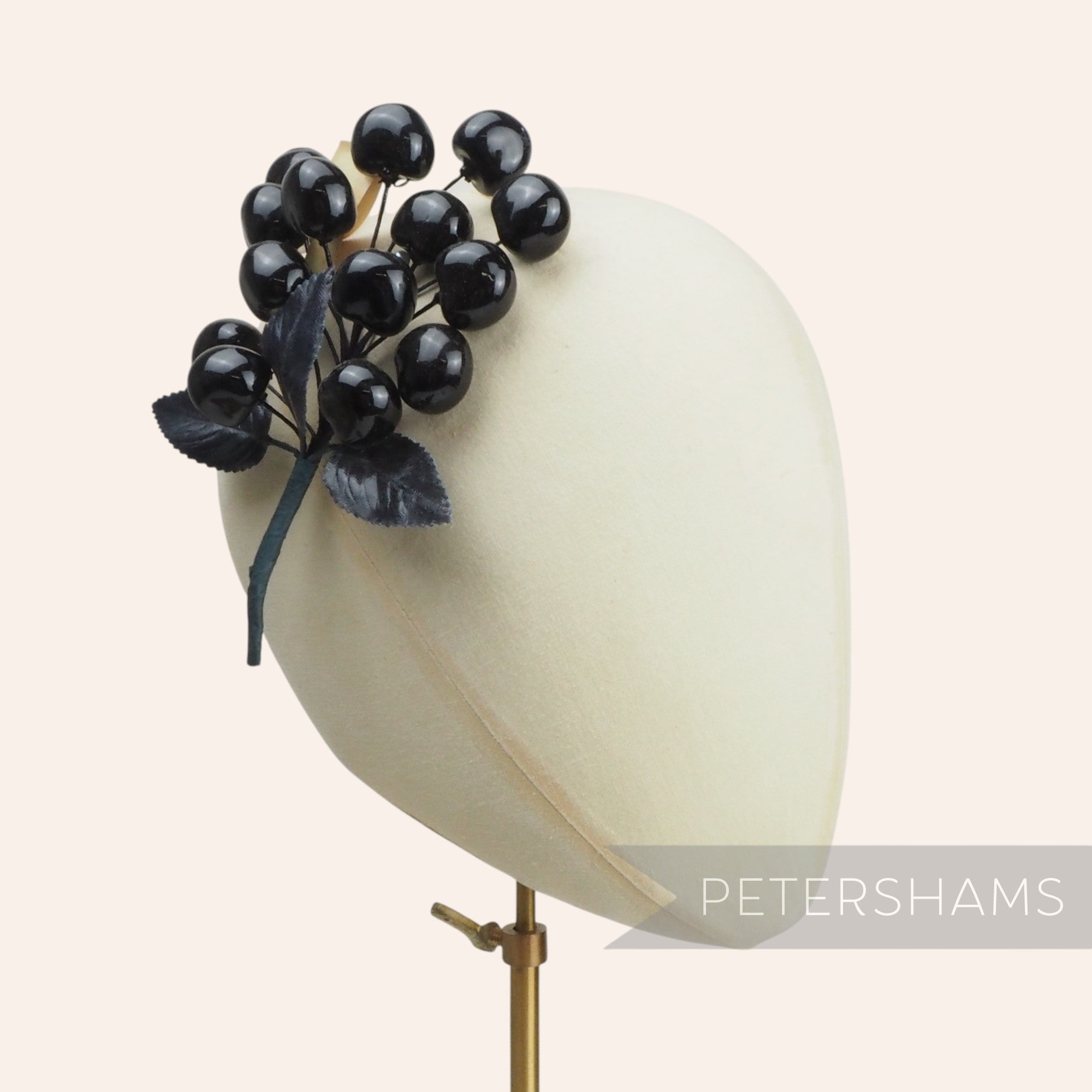 'Virginia' Glossy Vintage 1950's German Cherries & Leaf Millinery Hat Mount