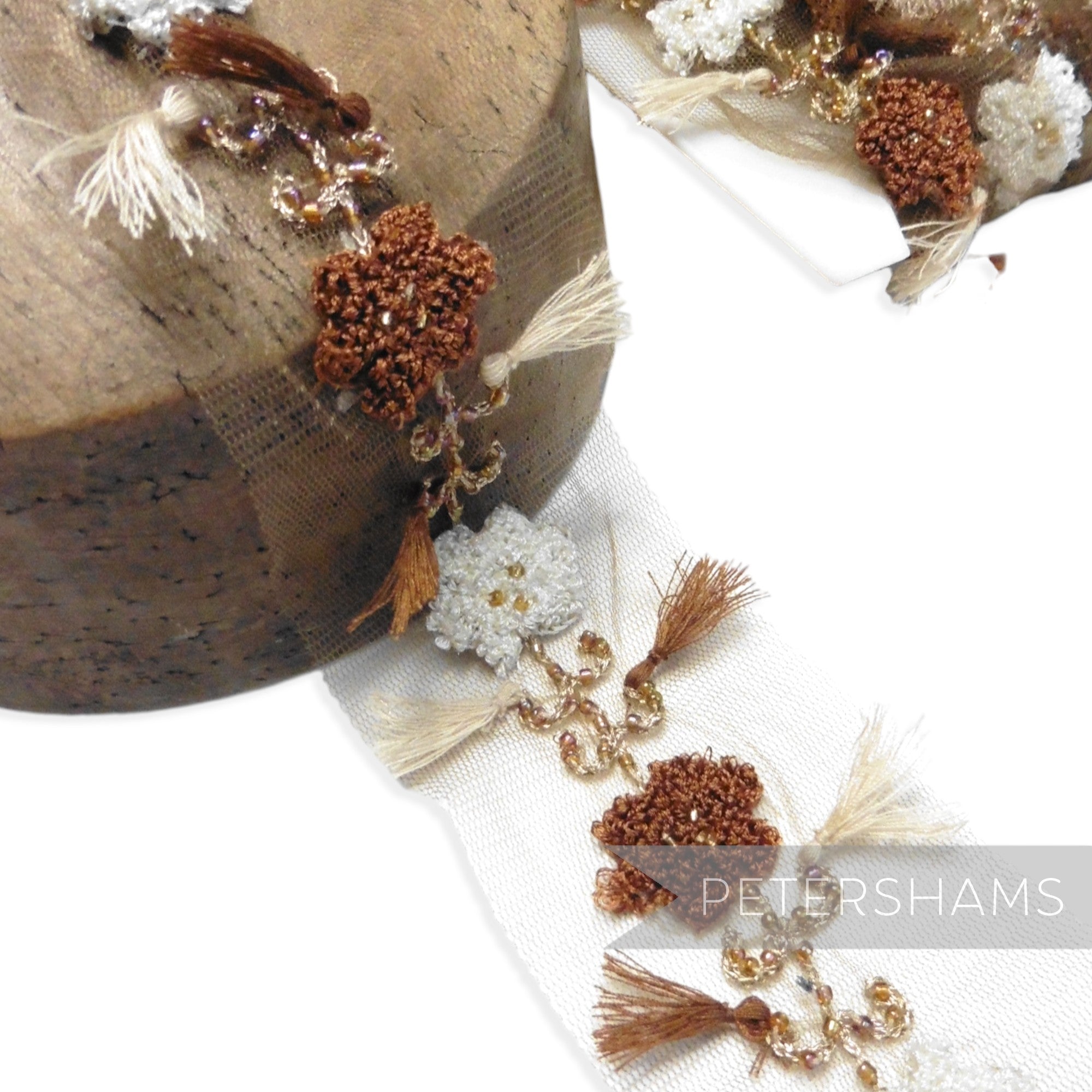 Teeny Tassel, Seed Bead and Embroidered Flower Mesh Trim - 1m