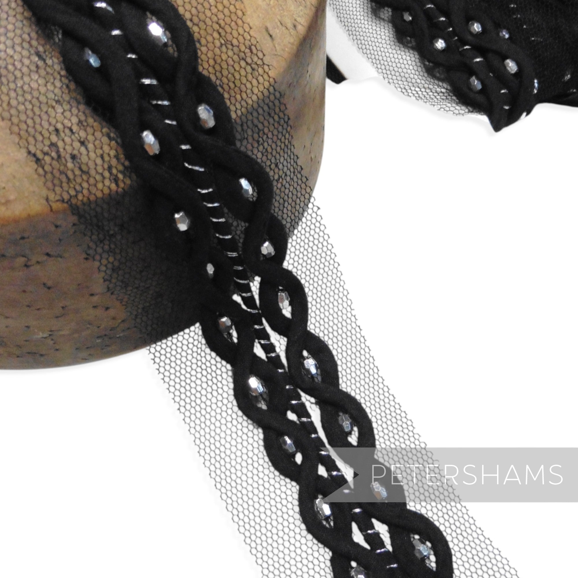 Metallic Bead and Cotton Rouleau Rope Design Trim on Mesh - 1m