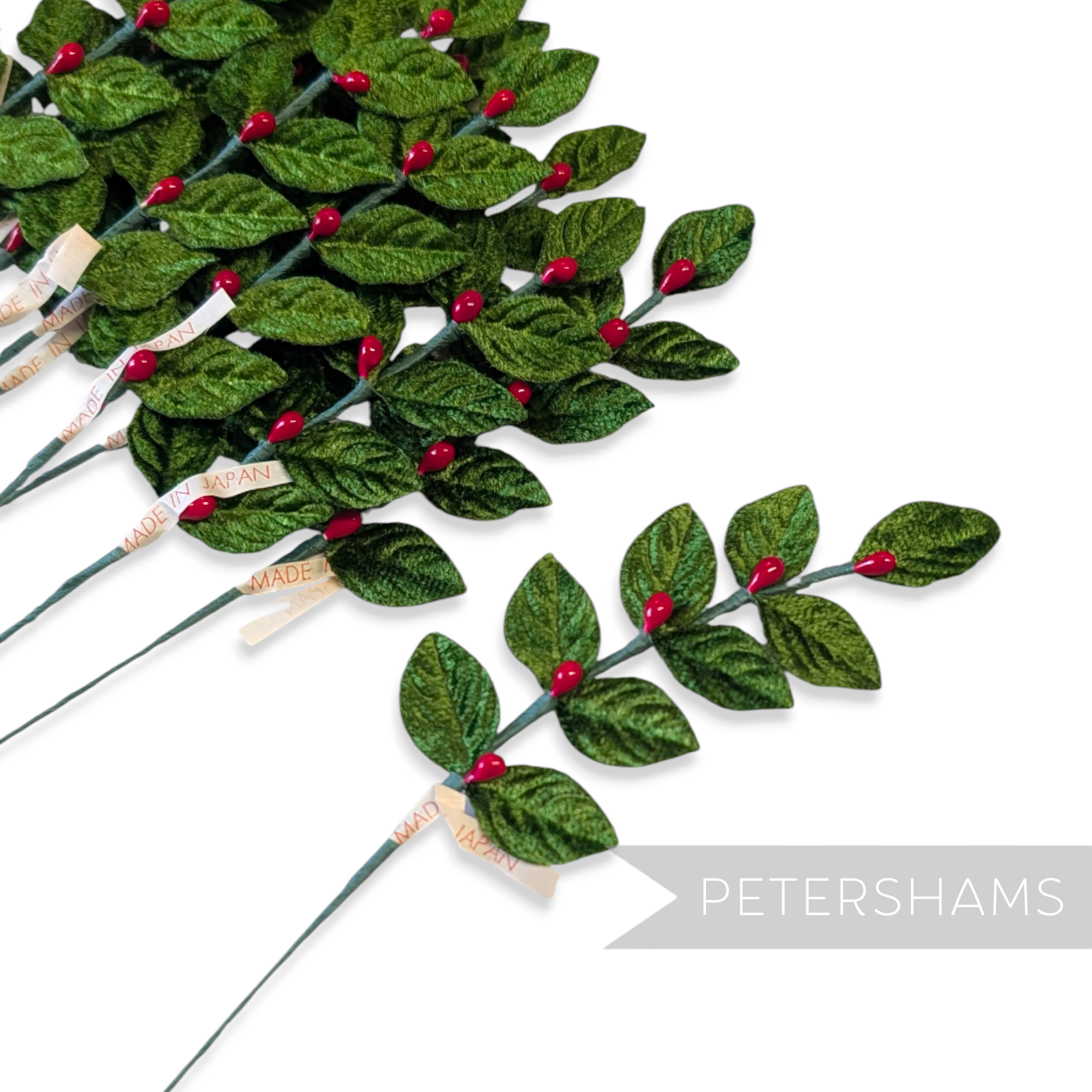 'Nicholas' Vintage Japanese 1960s Velvet Rose Leaf with Holly Berries Wired Stem - Pack of 12