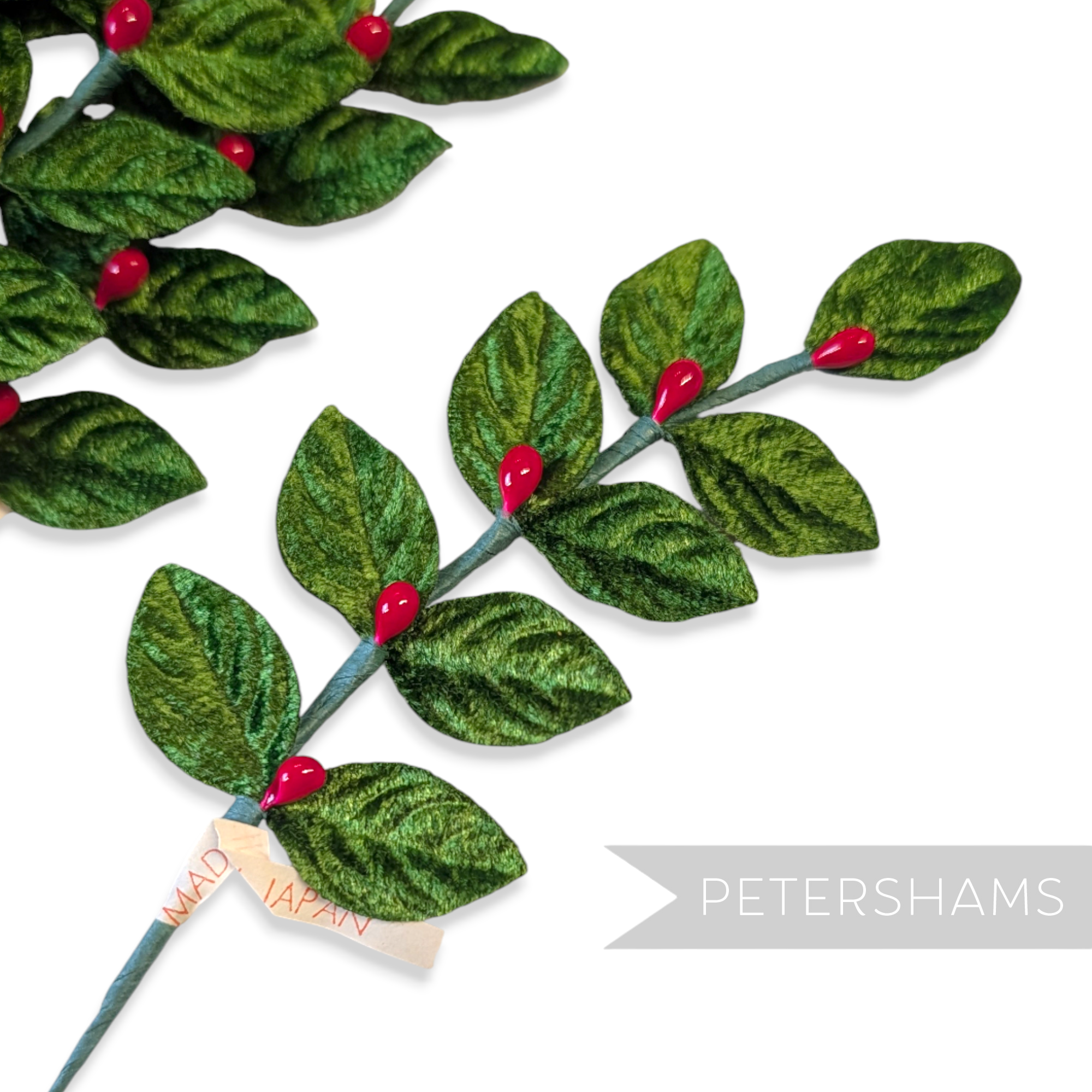 'Nicholas' Vintage Japanese 1960s Velvet Rose Leaf with Holly Berries Wired Stem - Pack of 12
