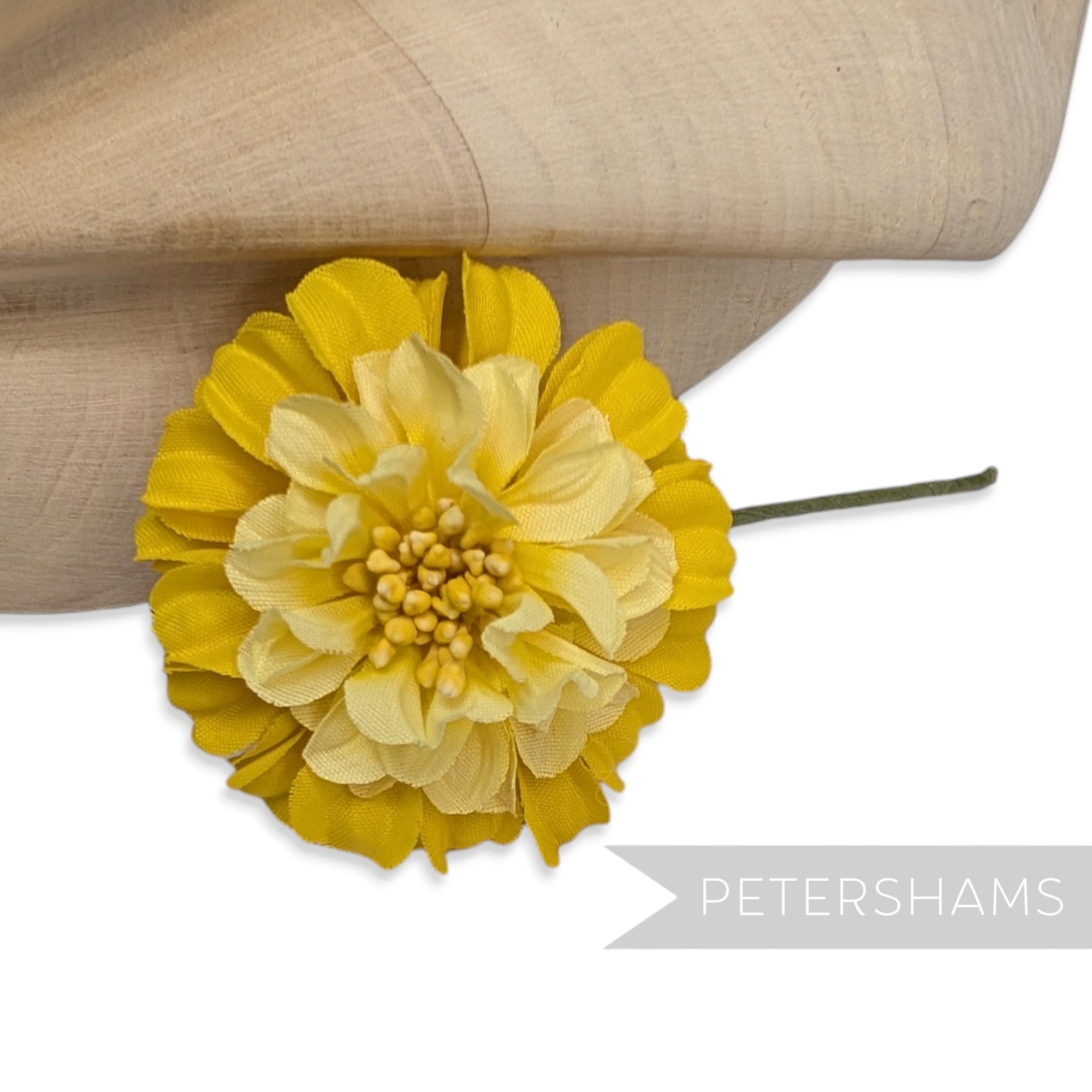 Petershams Millinery Supplies Mikari vibrant yellow fabric dahlia flower with wired stem for headpieces