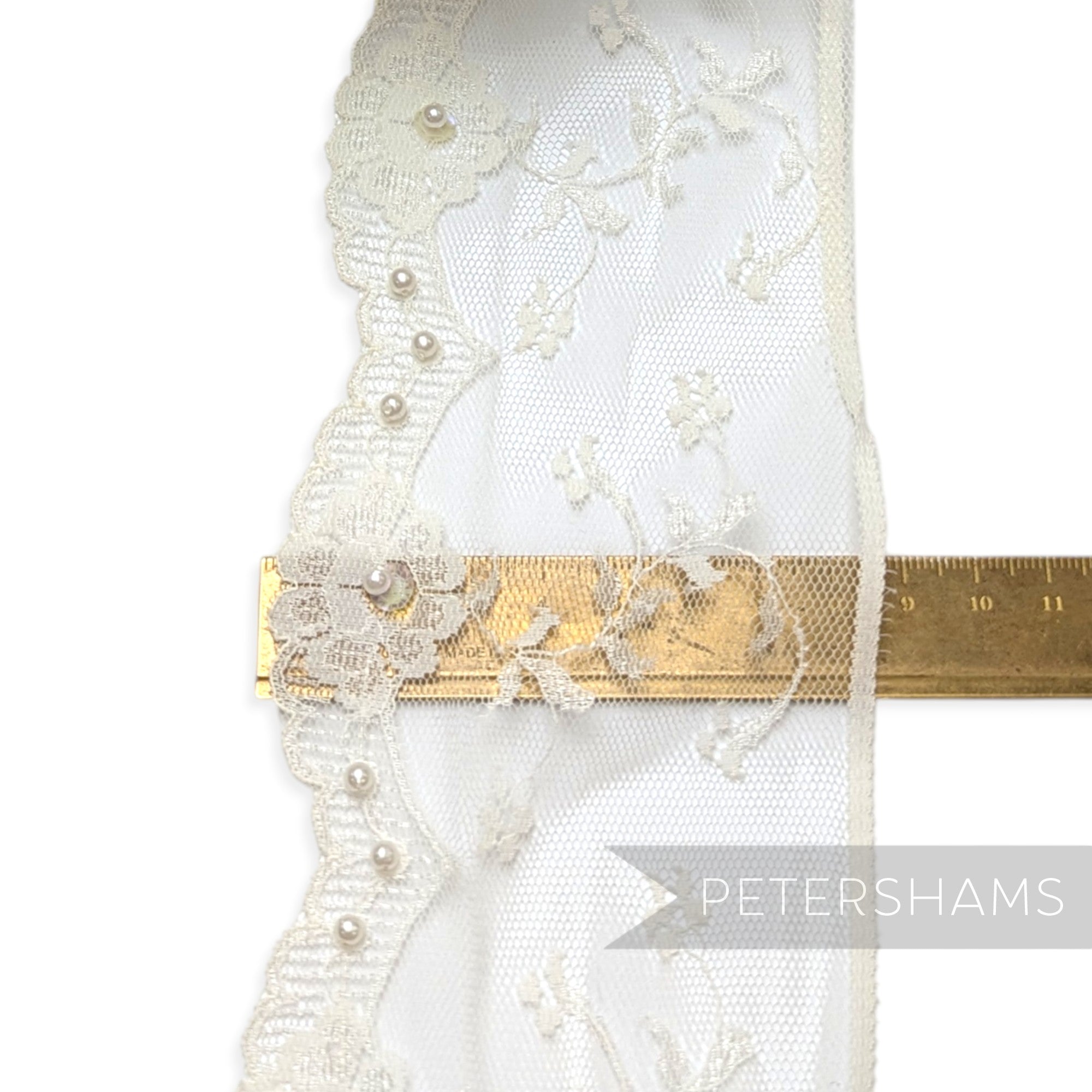 85mm Pearl Adorned Ivory Lace with Floral Weave - 1m