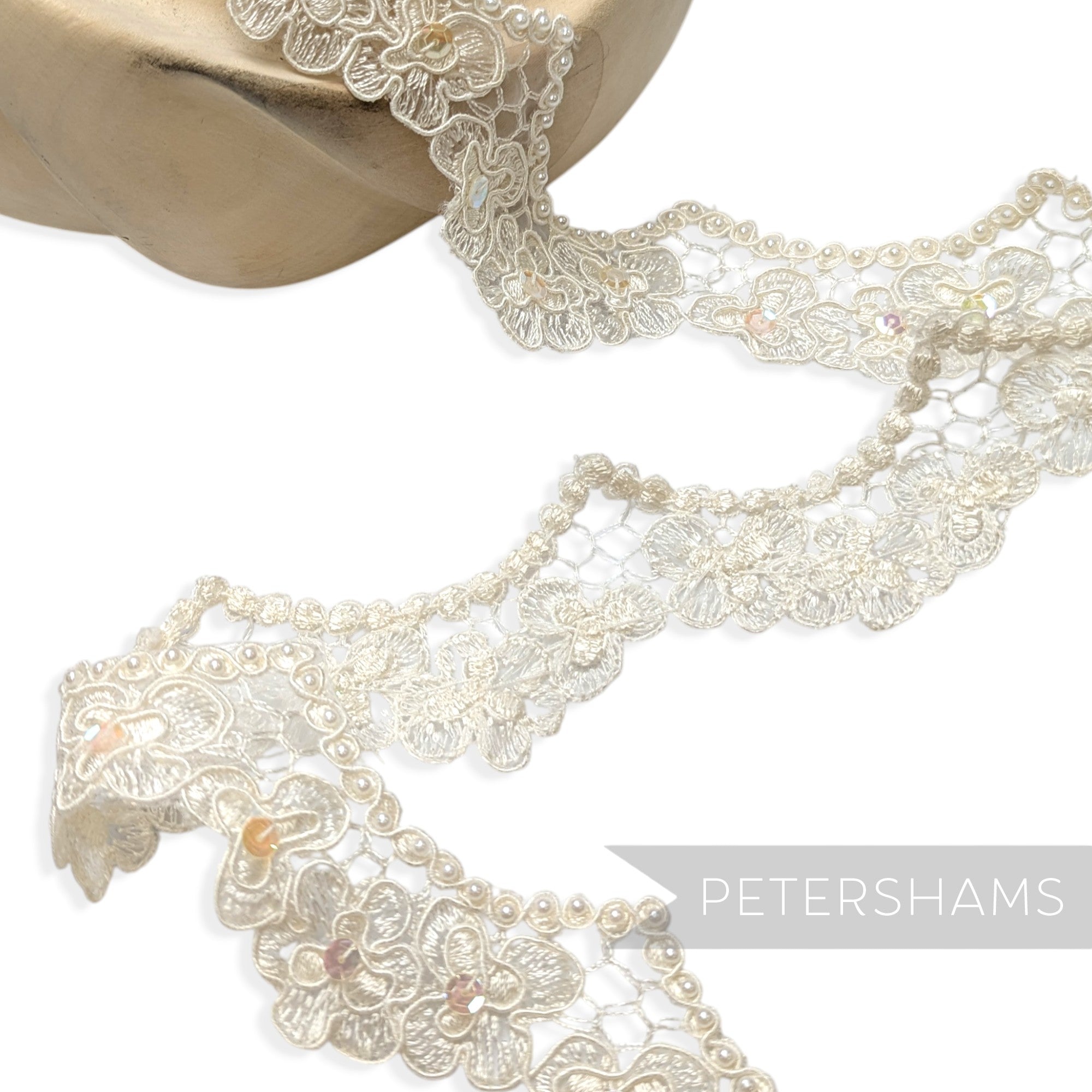 4cm Wide Silky Corded Scalloped Lace with Beads and Sequins - 1m