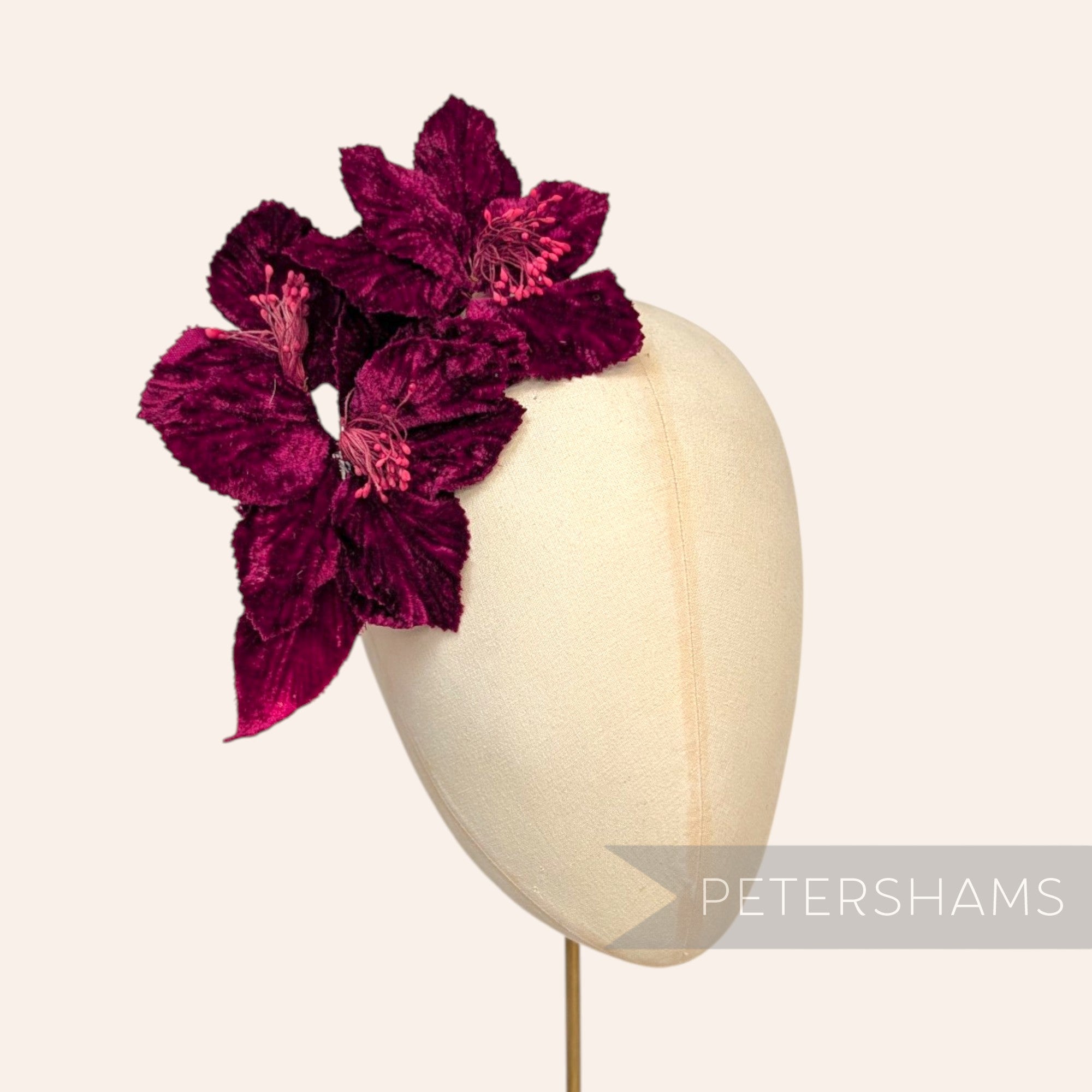 'Iyla' Triple Blossom Velvet Flower Wired Hat Mount
