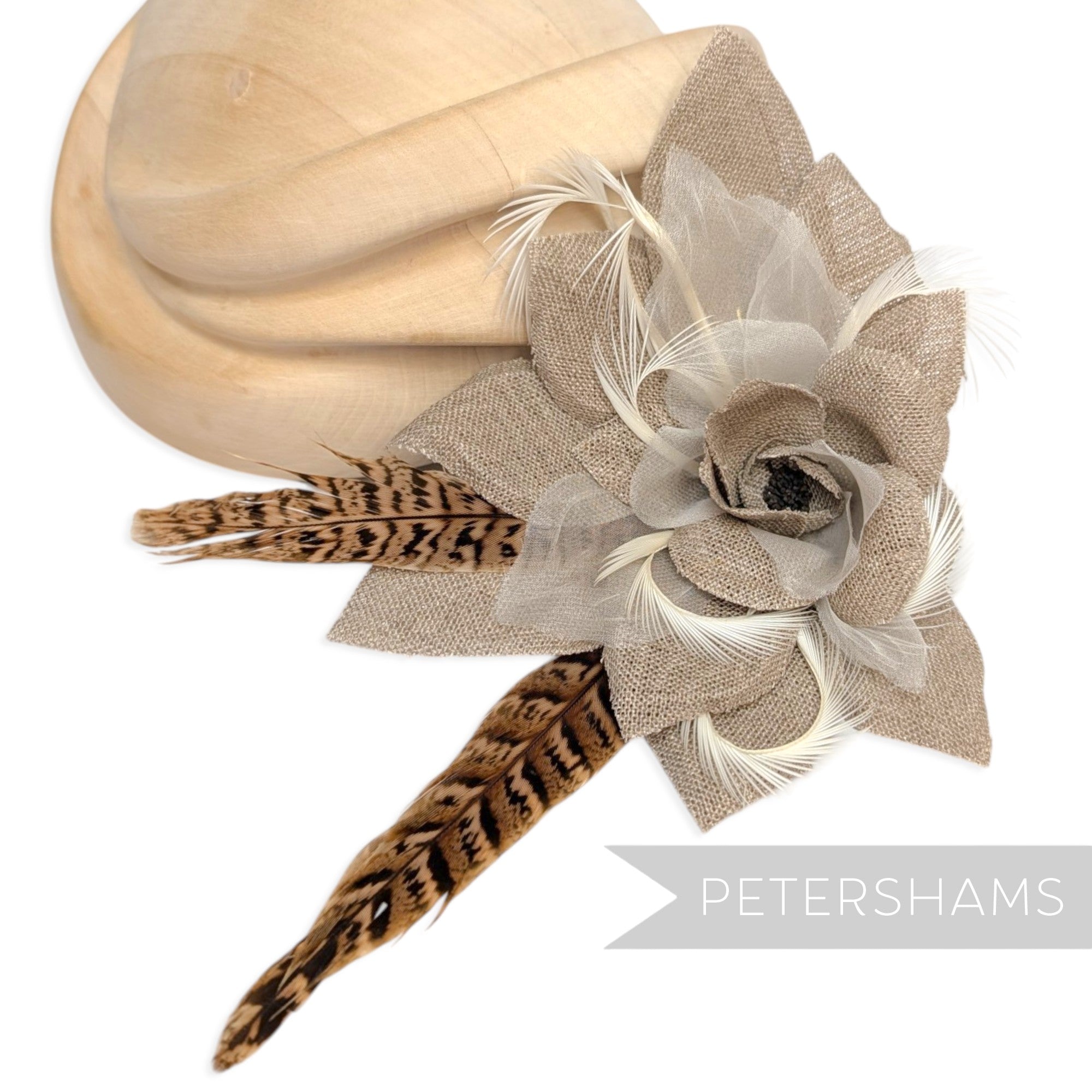 *One-off* 'Steyer' Hessian, Organza, Biot and Pheasant Feather Flower Mount