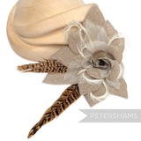*One-off* 'Steyer' Hessian, Organza, Biot and Pheasant Feather Flower Mount