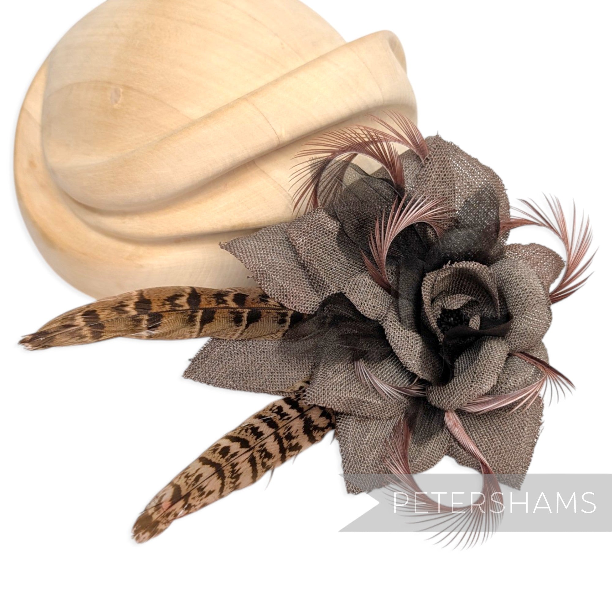 *One-off* 'Steyer' Hessian, Organza, Biot and Pheasant Feather Flower Mount