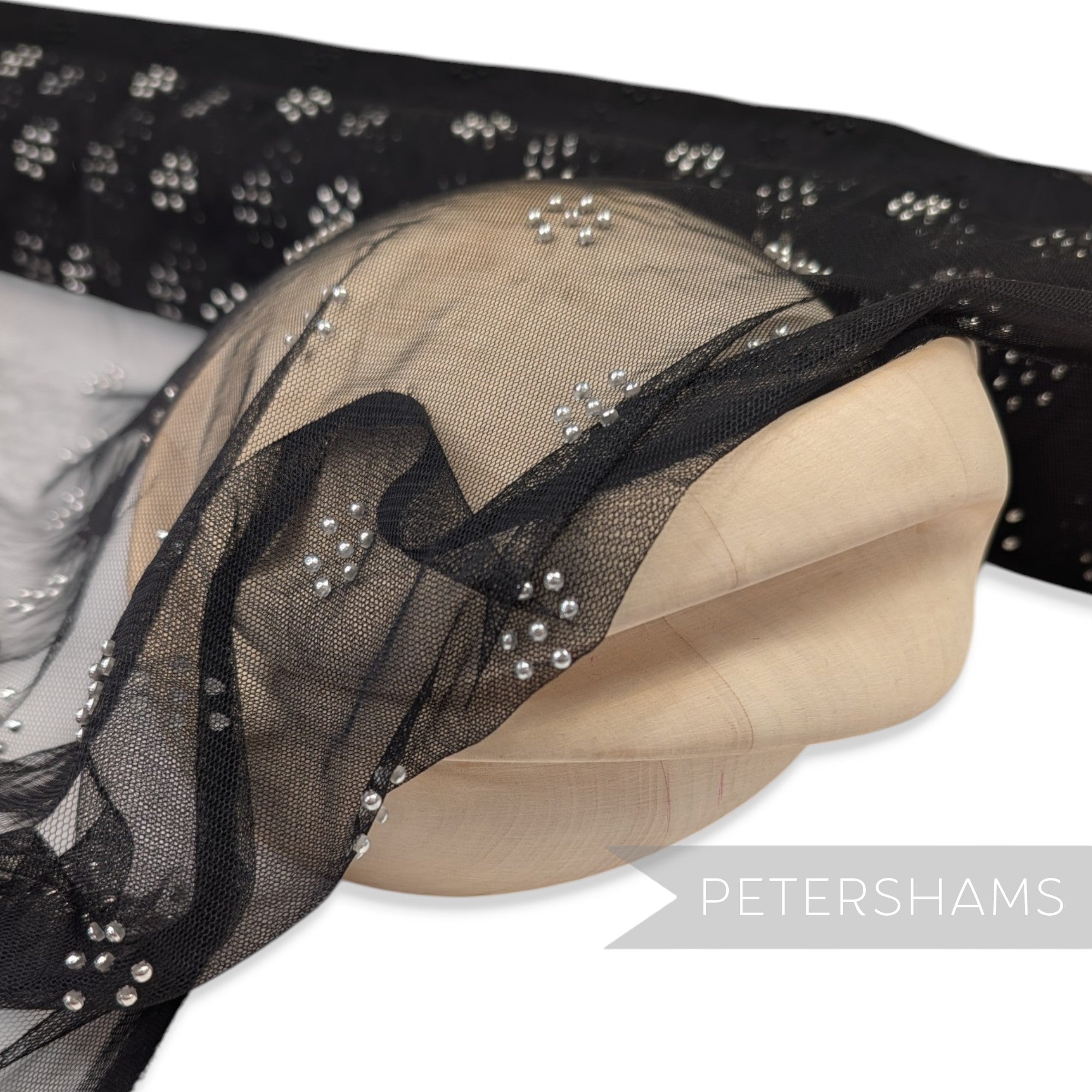 Acylic Dot Adorned Black Tulle Fabric 1.1m Wide - 1m