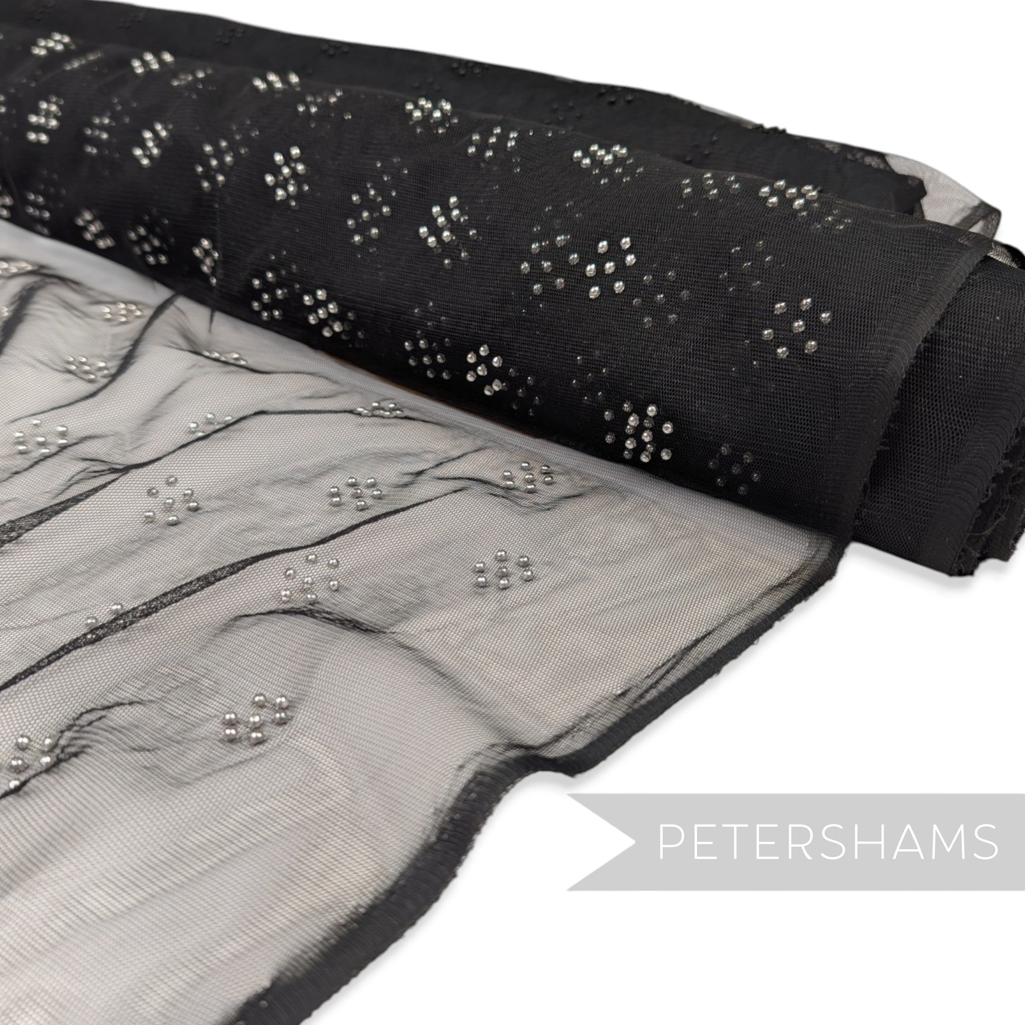 Acylic Dot Adorned Black Tulle Fabric 1.1m Wide - 1m