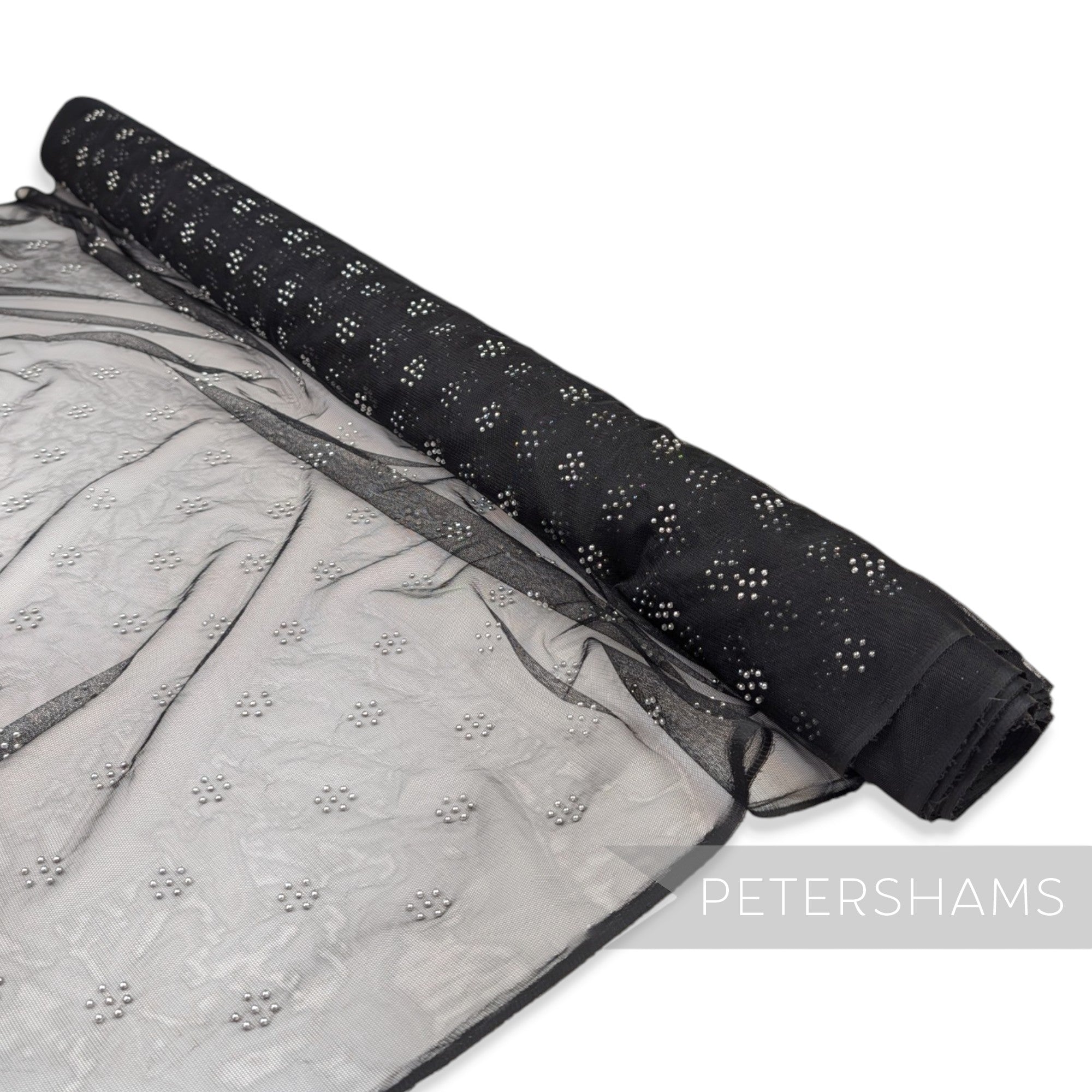 Acylic Dot Adorned Black Tulle Fabric 1.1m Wide - 1m