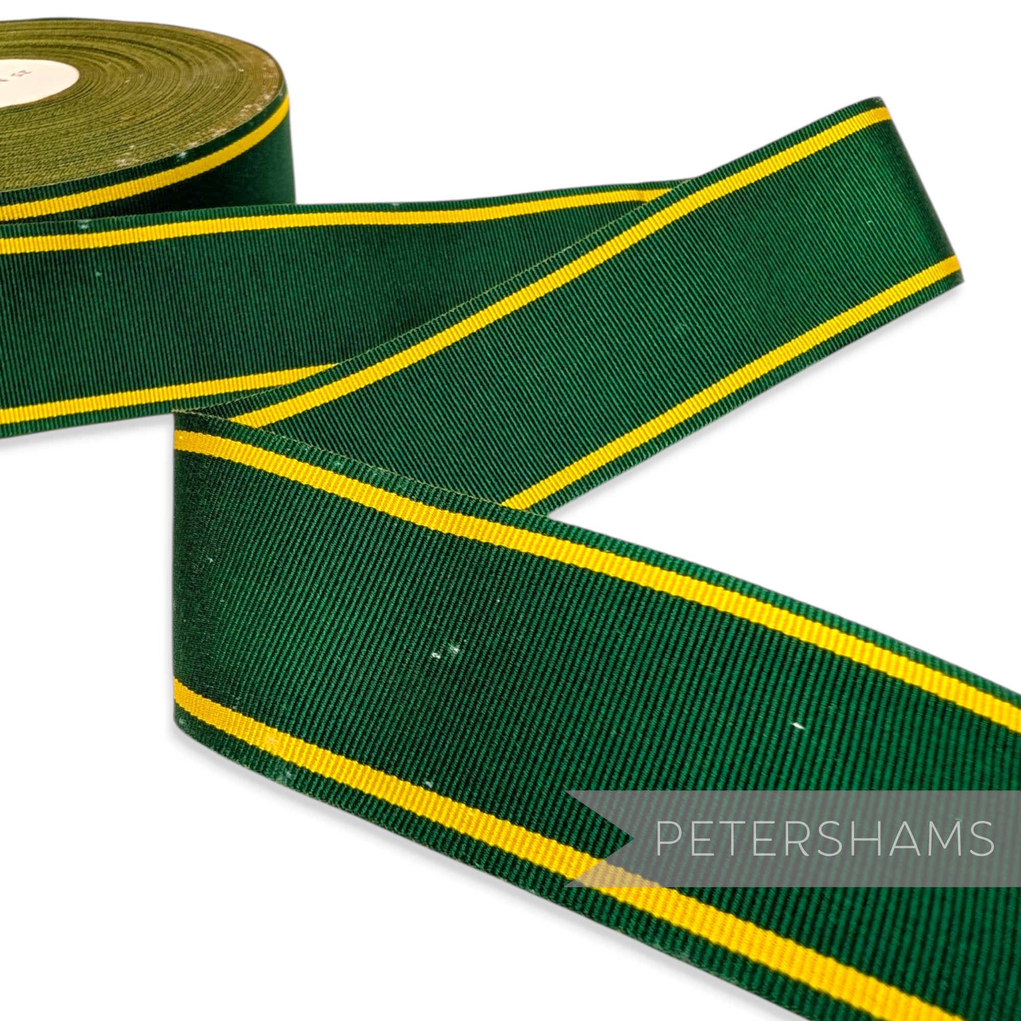 *Sale* IMPERFECT 36mm Green & Yellow Stripe Grosgrain - 25m Roll