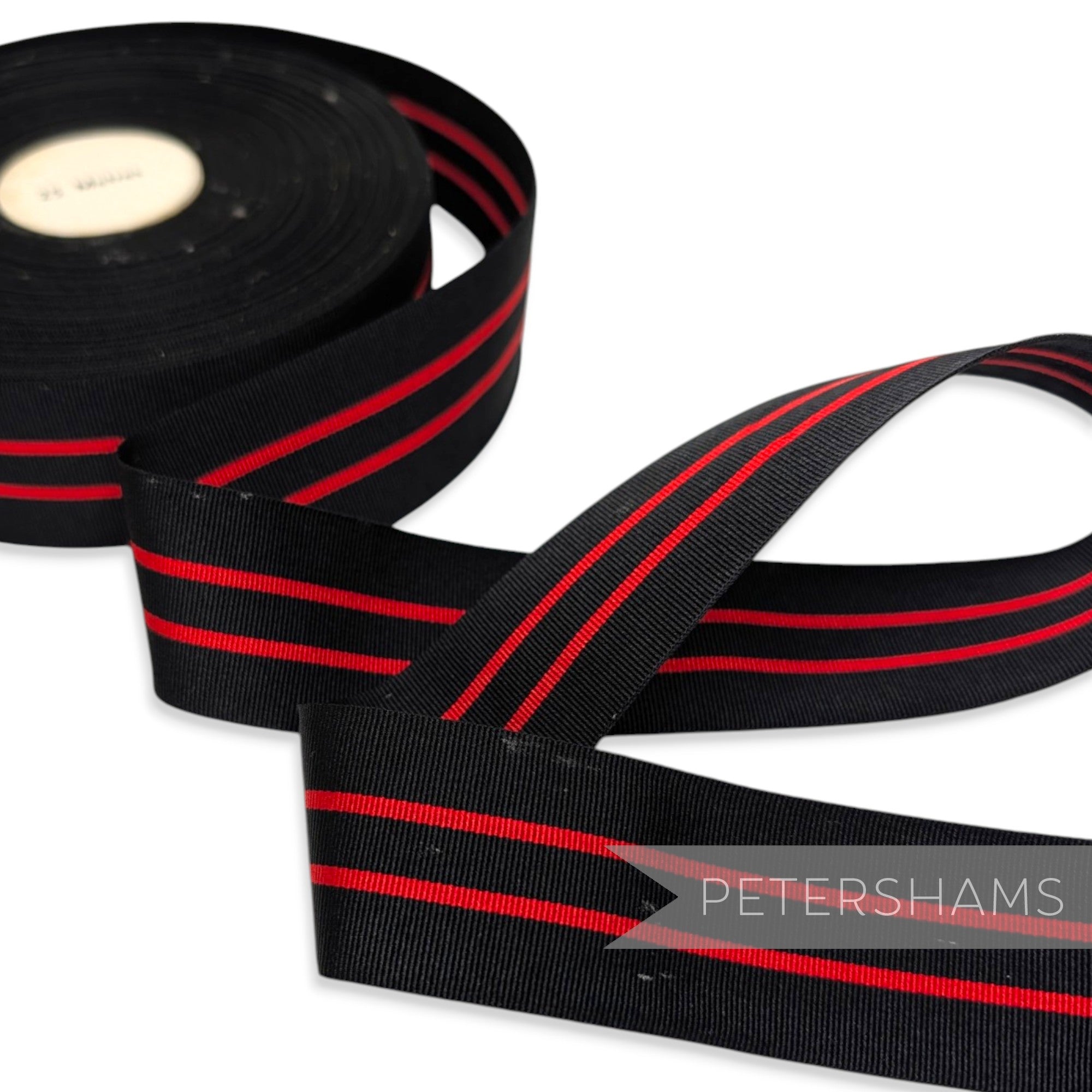 *Sale* IMPERFECT 37mm Black & Red Stripe Grosgrain - 25m Roll