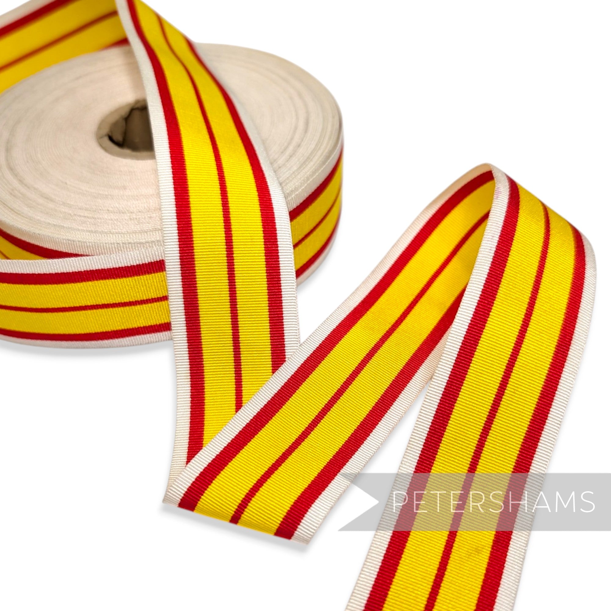 *Sale* IMPERFECT 35mm White, Yellow & Red Stripe Grosgrain - 25m Roll