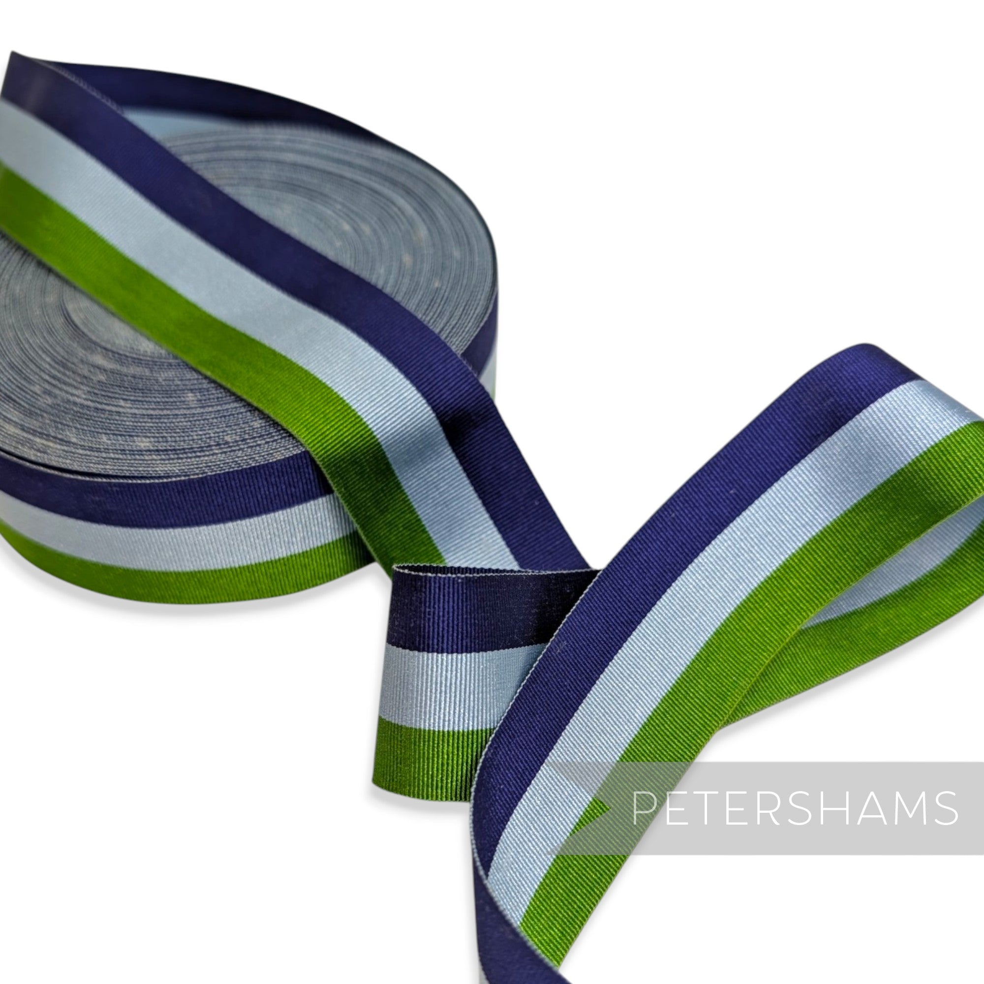 *Sale* IMPERFECT 36mm Blue & Green Stripe Grosgrain - 25m Roll