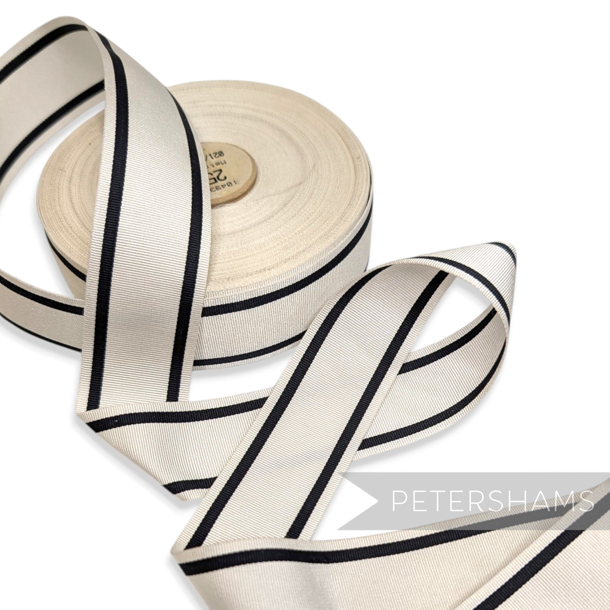 *Sale* IMPERFECT 36mm White & Black Stripe Grosgrain - 25m Roll