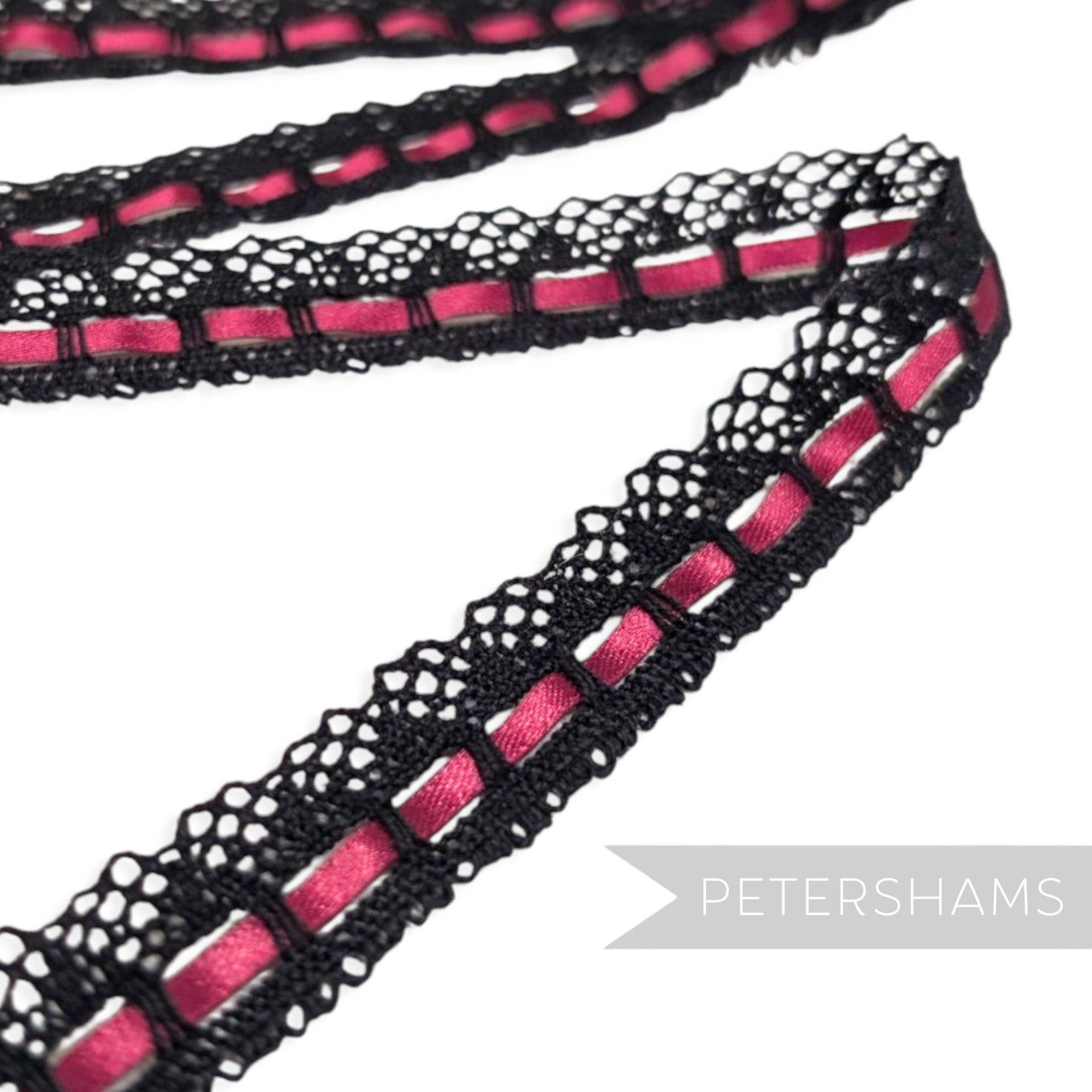 *Sale* WHOLE CARD 18mm Black Cotton Lace/Wine Satin Ribbon - 100m