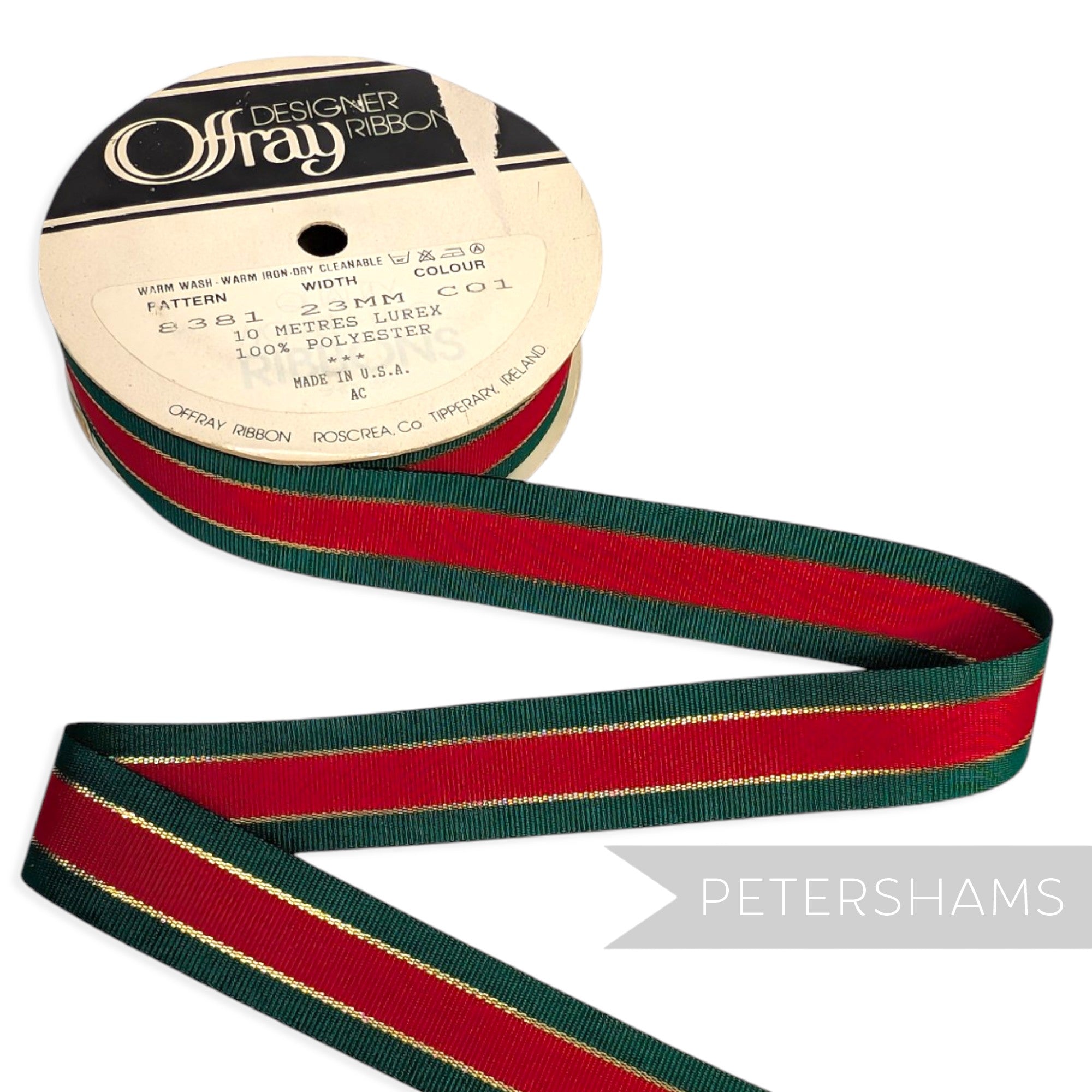 *Sale* WHOLE ROLL 23mm Green & Red Lurex Ribbon - 10m