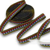 13mm Woven Red, Yellow and Blue on Black Ribbon Trim - 1m