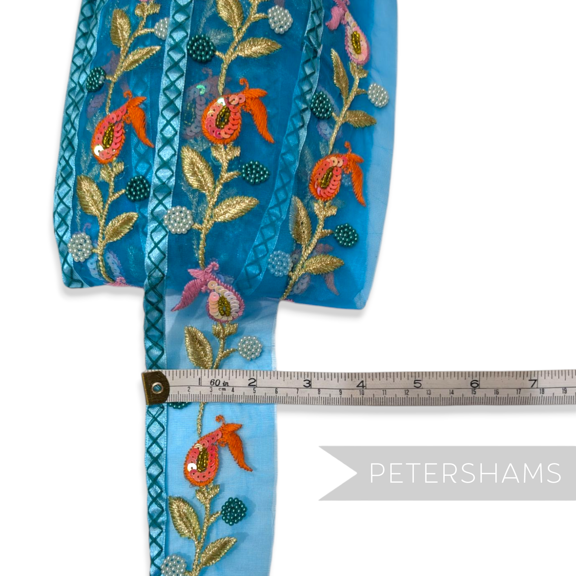 Heavily Embellished Whimsical Floral Organza Trim - 1m