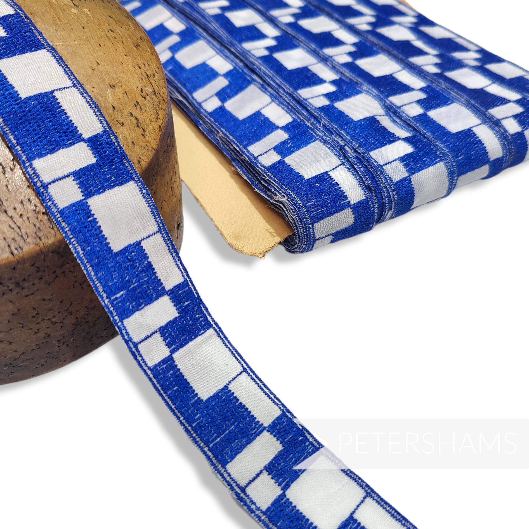 Vintage 60/70s Blue and White Woven 30mm Cotton Square Pattern Ribbon - 1m