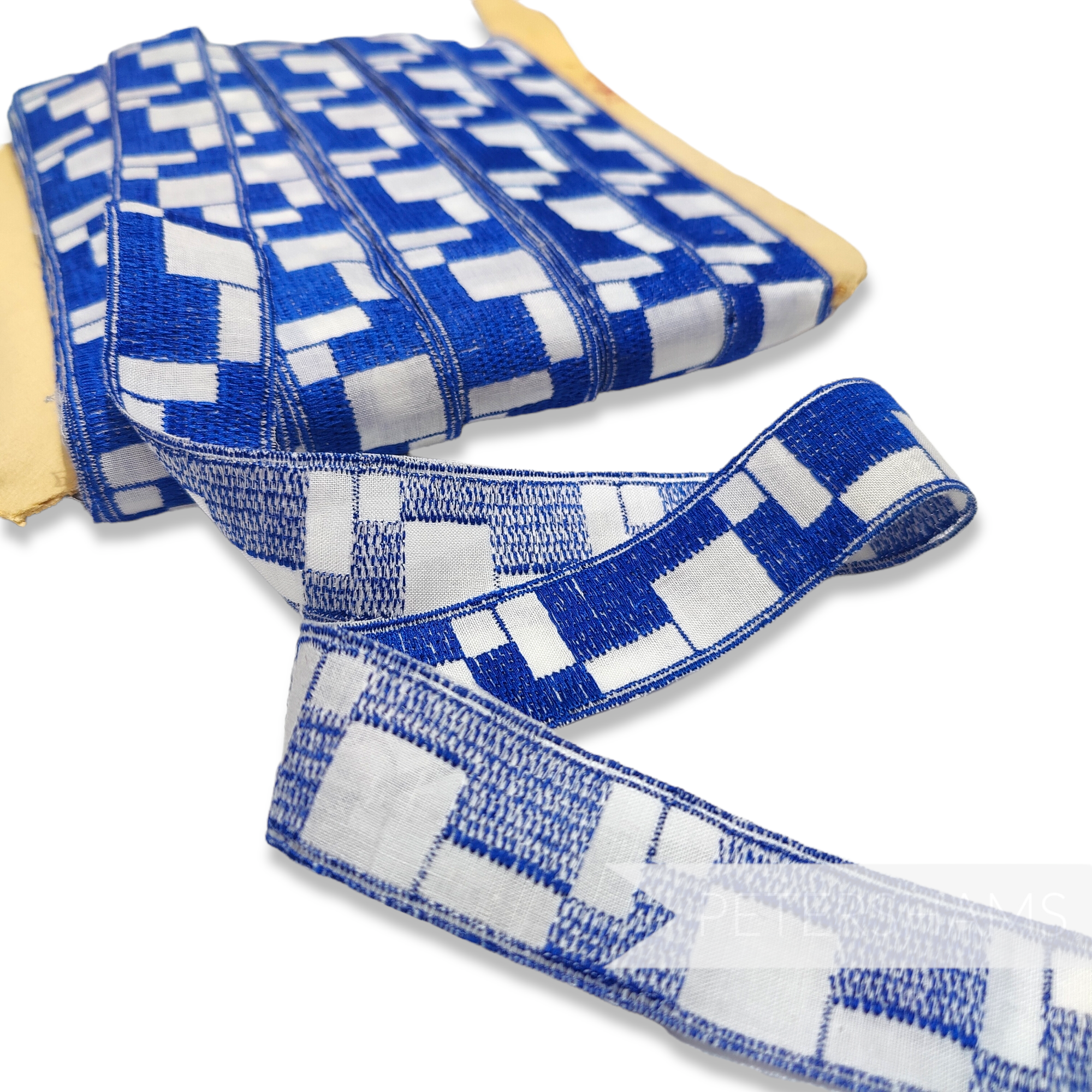 Vintage 60/70s Blue and White Woven 30mm Cotton Square Pattern Ribbon - 1m