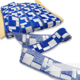 Vintage 60/70s Blue and White Woven 30mm Cotton Square Pattern Ribbon - 1m
