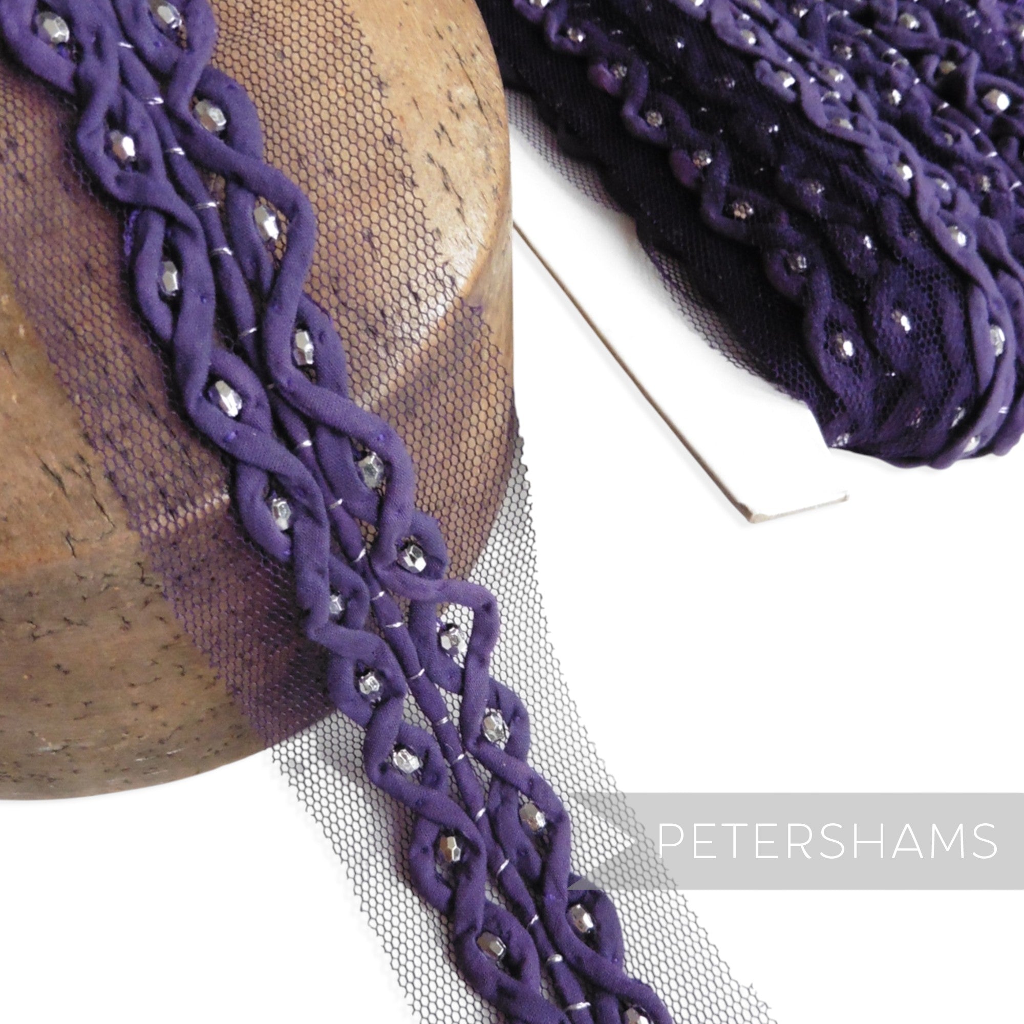 Metallic Bead and Cotton Rouleau Rope Design Trim on Mesh - 1m