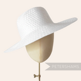 Petershams Millinery Supplies white shiny flat polybraid capeline hat body on a millinery head form