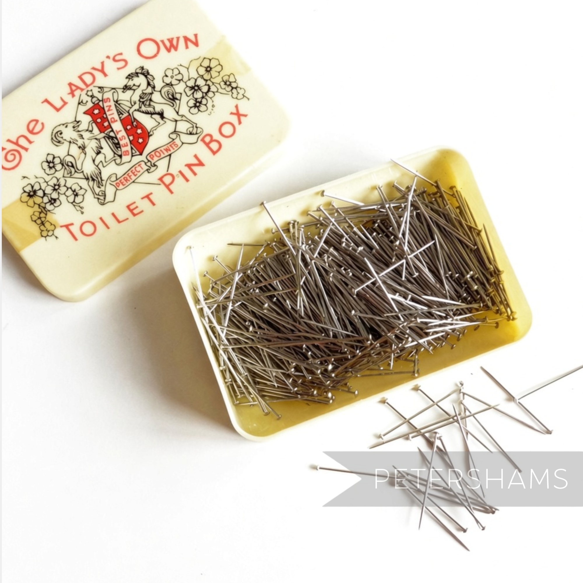 Petershams Millinery Supplies vintage 1960s Lady's Own toilet pin box with hundreds of silver sewing pins