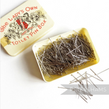 Petershams Millinery Supplies vintage 1960s Lady's Own toilet pin box with hundreds of silver sewing pins