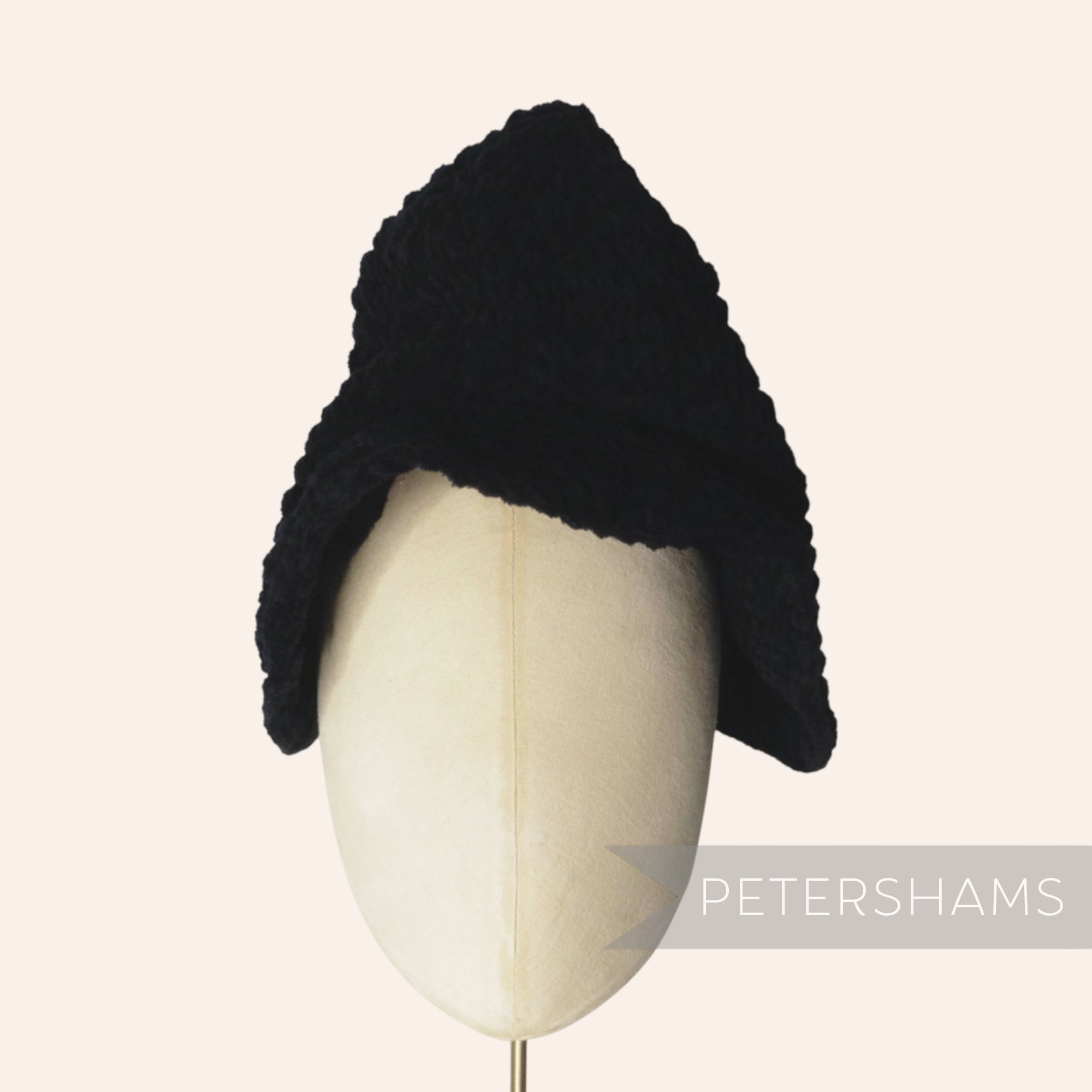 Petershams Millinery Supplies vintage 1990s black chenille knitted cone hat body for sculpting turbans on a mannequin
