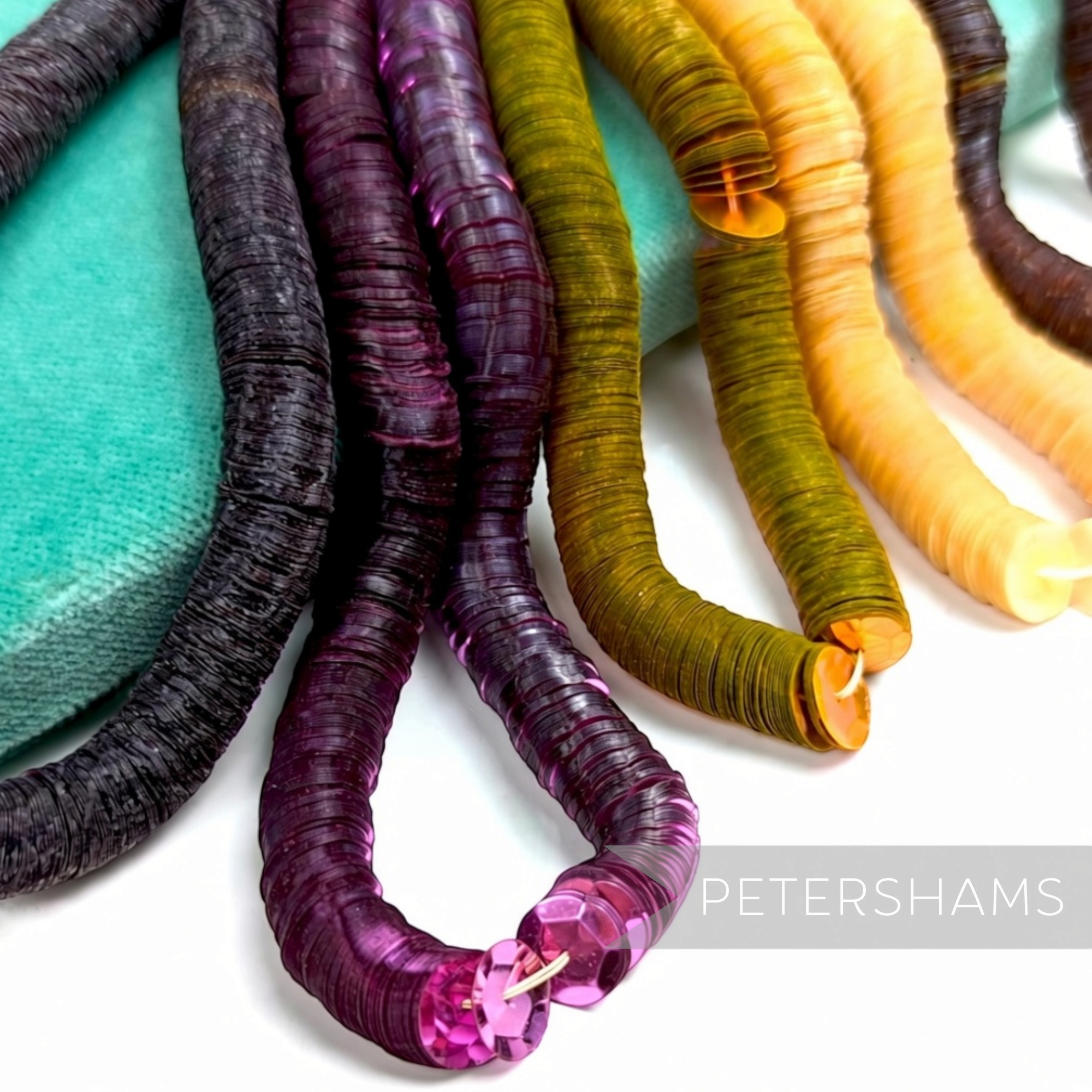 Petershams Millinery Supplies vintage 10mm cupped sequin worm strings in assorted jewel tones for embroidery