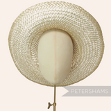 Petershams Millinery Supplies natural strip straw and twisted paper cord capeline hat body with open weave design.