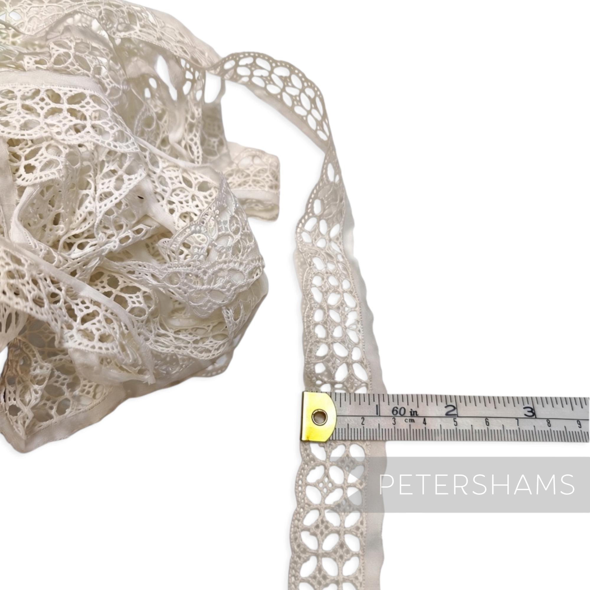 Petershams Millinery Supplies vintage 1950s off-white Nottingham cotton guipure lace trim with scalloped edge