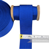 Petershams Millinery Supplies 40mm wide royal blue vintage grosgrain ribbon on a wooden spool with measuring tape