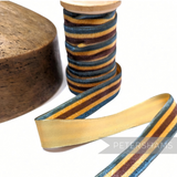 Petershams Millinery Supplies 23mm striped French velvet ribbon in blue, brown, and gold on a wooden spool