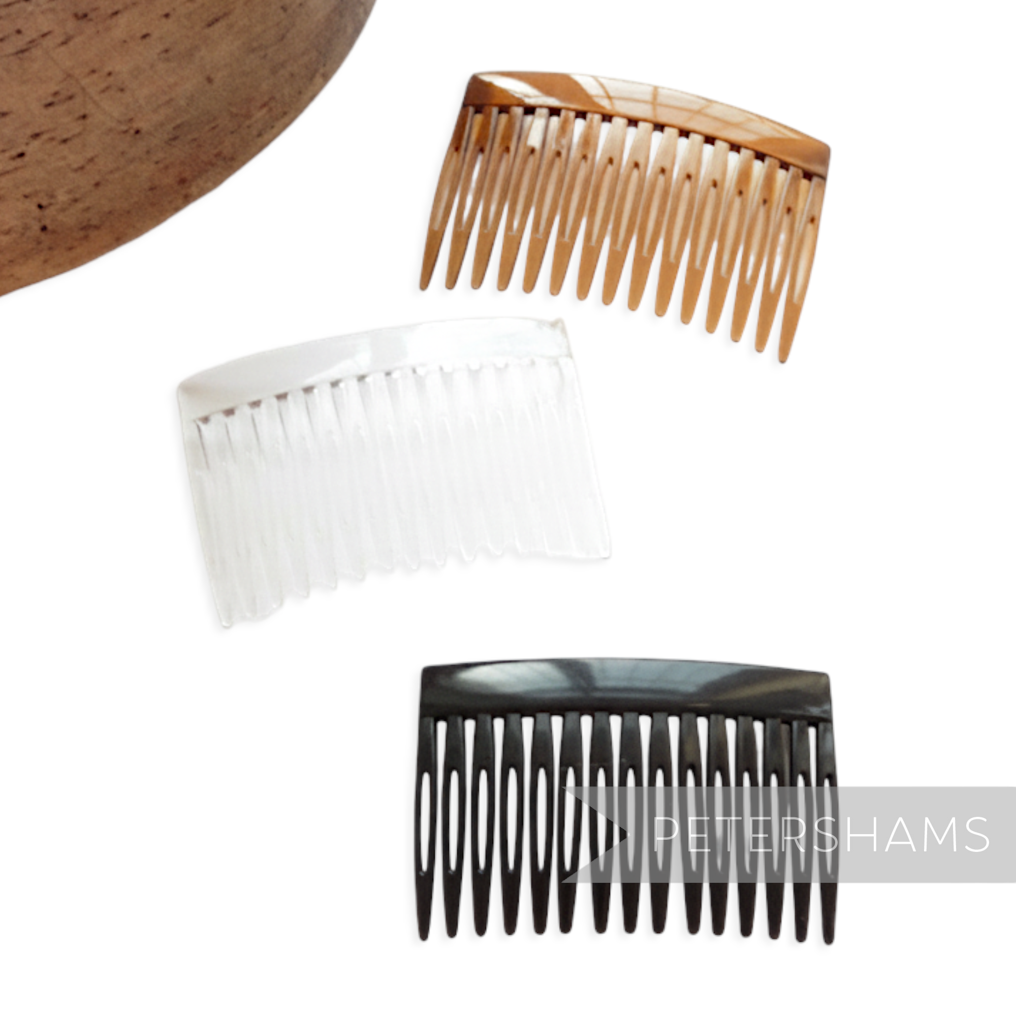 Petershams Millinery Supplies 7cm plastic hair combs in black, clear, and brown. Ideal for veils and hats.
