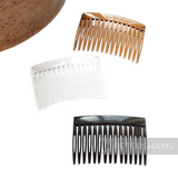 Petershams Millinery Supplies 7cm plastic hair combs in black, clear, and brown. Ideal for veils and hats.