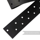 Petershams Millinery Supplies black bonded leather hat band with decorative eyelets, available in 3cm or 4.5cm widths.